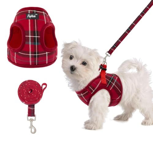 PUPTECK Soft Mesh Dog Harness and Leash Set Step-in Plaid Puppy Padded No Pull Vest Harness for XS Small Medium Sized Dogs Cats Outdoor Walking - color: Red, size: L (Chest Girth 16"-17")