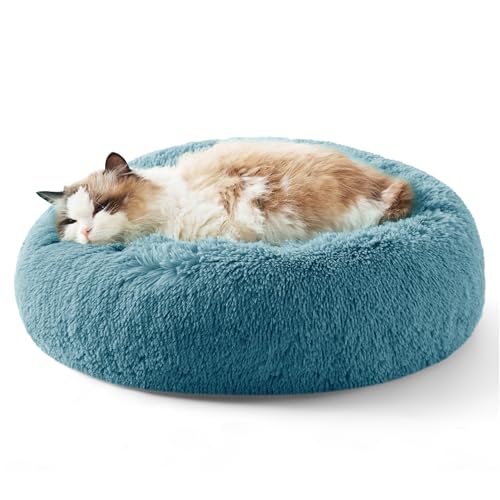 Bedsure Calming Cat Beds for Indoor Cats - Small Cat Bed Washable 20 inches, Anti-Slip Round Fluffy Plush Faux Fur Pet Bed, Fits up to 15 lbs Pets, Washed Blue - color: Washed Blue, size: 20"L x 20"W x 6"Th
