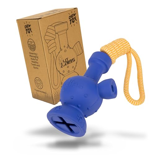 LIT LABS - Dog Tug Toy with Rope Dog Entertaining, Treat Dispensing Dog Toy, Works for All Dog Sizes and Breeds. Fun Novelty Gift - Rubber Dog Toy with Funny Shape Tug-A-War - Blue Body & Orange Rope - color: Blue and Yellow