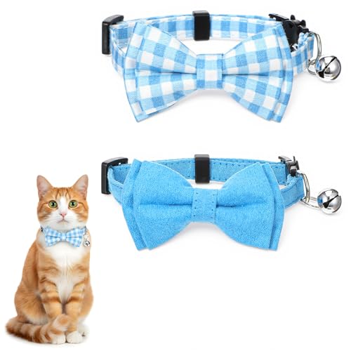 2 Pcs Bow Tie Cat Collar with Bell Breakaway, Cat Collar for Boy Cats with Bell, Cute Kitten Bow Tie Collars, Sot Adjustable Color Plaid Pet Collars (Blue) - color: Blue