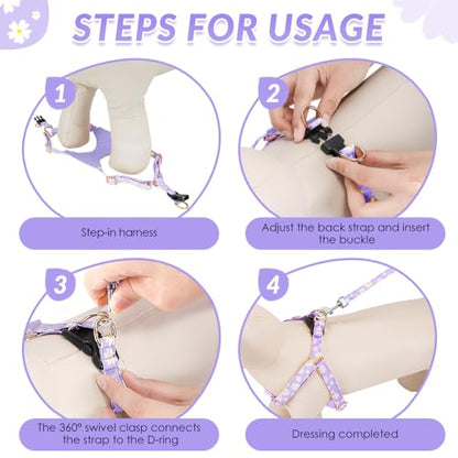 Lukovee Puppy Harness and Leash Set, No Pull Lightweight Soft Suede Adjustable Pet Harness Vest with Snap Buckle for Puppy Small and Medium Size Dog (Purple-XXS) - color: Purple Daisy, size: XX-Small ( 2.2-6lb )