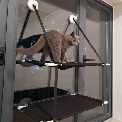 Aramox Double Layer Cat Window Hammock, Sturdy Cat Perch with 6 Suction Cups for Large Cats, Nylon Mesh Bed for Sunbathing, Supports Up to 10KG (Black) - color: #740