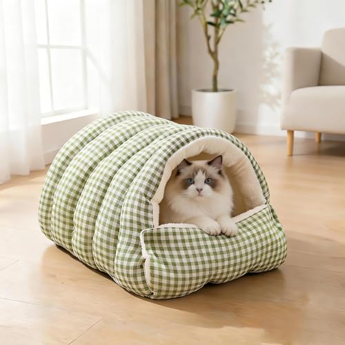 Small Cat Dog Cave Bed Calming Pet Nest Warm Plush Covered Cat House with Hooded Blanket Removable Hooded Blanket Cushion Washable Soft Calming Indoor Cat Bed (Green, Medium) - color: Green, size: Medium