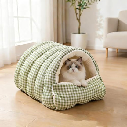 Small Cat Dog Cave Bed Calming Pet Nest Warm Plush Covered Cat House with Hooded Blanket Removable Hooded Blanket Cushion Washable Soft Calming Indoor Cat Bed (Green, Medium) - color: Green, size: Medium