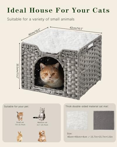 SETVSON Cat Beds Indoor Kitten House, Handwoven Rattan Cat Cave Pet Cube, Large Cat Houses, One Bed Mat, Foldable, Hideaway, 16.5x16.5x13.2 Inches, 2 S-Shaped Hooks in Living Room Bedroom Gray - color: Gray, size: Rectangle-M