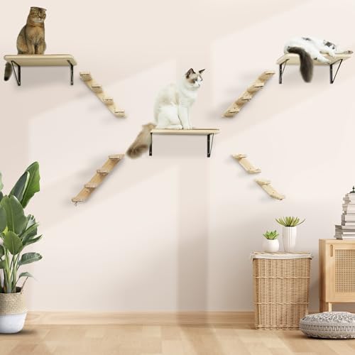 2PCS Wall Cat Tree Shelves, Reversible 4-Step Cat Ladders with Sisal Rope, Mountable Left & Right for Climbing and Scratching - color: 2 Pcs 4 Steps