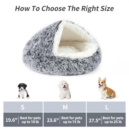 Dog Bed Round Hooded Plush Cat Cave Self Warming Pet Bed Donut Anti Anxiety Fluffy Pet Bed for Puppy and Kitty - color: Gradient Dark grey, size: Medium 23.6''