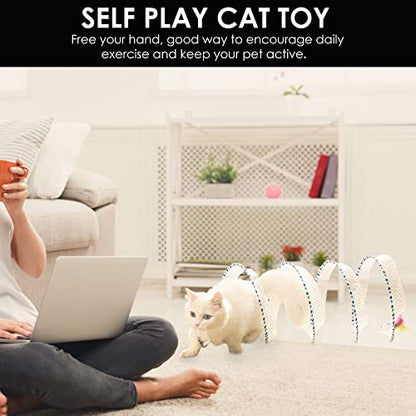Spiral Tunnel Cat Toy 2 Pcs, 25.59 Inches Unfolded with Cat Wand Self Play Collapsible, Hunting Spiral Tunnel with Feather Mouse Toys and Bell for Indoor Kitten Play Chase Exercise - color: Blue+Yellow