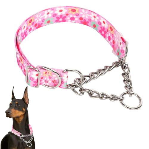 Dog Collar Chain，Stainless Steel Chain Martingale Collar for Dogs, No Pull Slip Cinch Choker Choke Heavy Duty Dog Collar - color: Pink Floral, size: XL(Neck22-28")