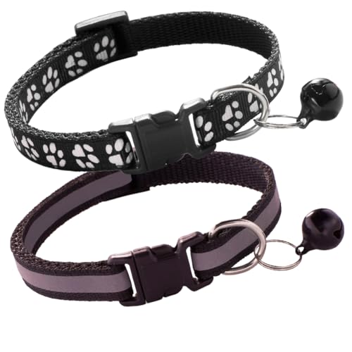 XS Dog Collar with Bell, 2-Pack Male Cat Collars Reflective Strip Nylon Puppy Collar with Bell Adjustable for XXS XSmall Small Boy Dogs Kitten X-Small, Black - color: Reflective Black