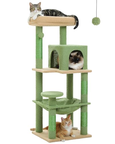 MUTTROS Cactus Cat Tree for Indoor Cats, 45.7" Multi-Level Cat Tower with Large Metal Frame Hammock, Cat Condo with 4 Scratching Posts and Top Perch, Green - color: Cactus Green, size: 45.7in