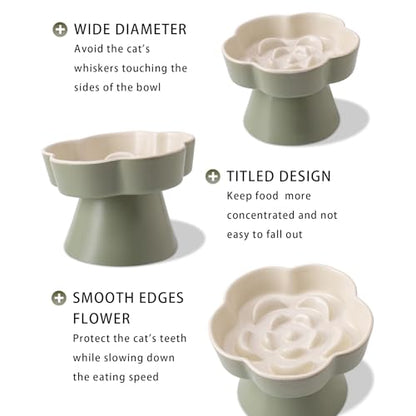 Tilted Cat Bowl, Flower-Shaped Ceramic Slow Feeder Cat Bowl, Raised Pet Bowl for Whisker Relief, Prevents Vomiting & Bloating, Non-Slip Base, Easy to Clean for Dry/Wet Food (Pink & Blue) - color: Pink & Blue