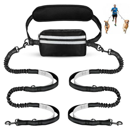 Hands Free Dog Leash with Pouch, Dual Attachment for Two Dogs, Retractable Bungee with Double Padded Handles, Waist-Mounted for Running,Walking, Jogging Friendly Dog Accessories (Black/Silver Gray) - color: Black/Silver Gray