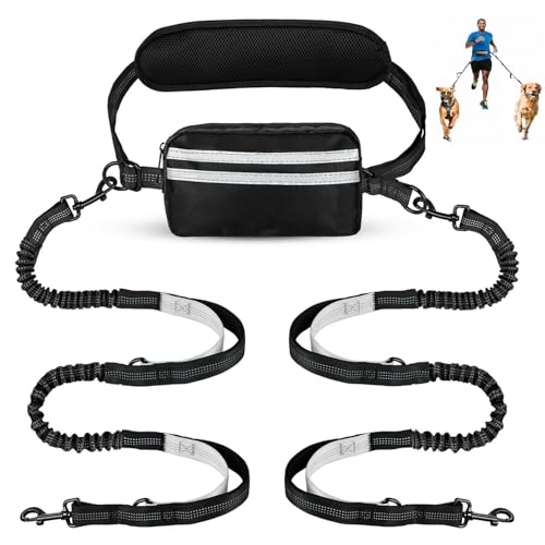 Hands Free Dog Leash with Pouch, Dual Attachment for Two Dogs, Retractable Bungee with Double Padded Handles, Waist-Mounted for Running,Walking, Jogging Friendly Dog Accessories (Black/Silver Gray) - color: Black/Silver Gray