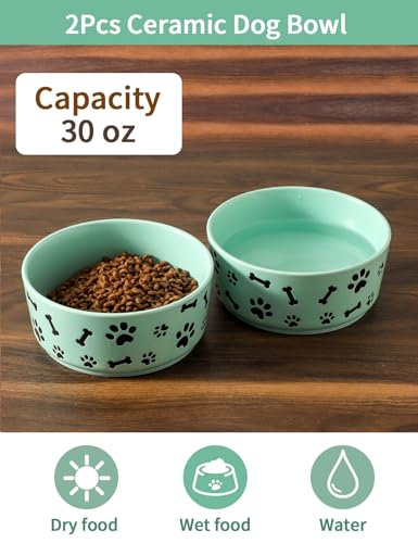 UBEE Ceramic Dog Bowl Set of 2, 6.5 inch Dog Food Bowl Dish with Bone Paw Pattern, Pet Food Water Dish Feeding for Small and Meidum Dogs and Large Cat, Green - color: Green-dog paw, size: 6.5 inch x 2