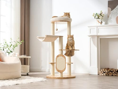 Modern Solid Wood Cat Tree for Indoor Cats Up to 15lbs, 49" Tall Cat Tower with Scratching Posts & Scratcher, Large Cat Bed, Hammock, Capsule Nest, Dangling Ball, Multi-Level Cat Furniture - color: 49"Natural