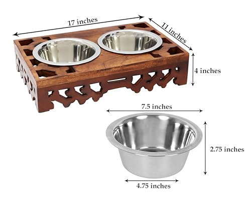 Elevated Pet Feeder for Dogs and Cats - Hand Carved Wood Bones Raised Dog Bowl Stand - Pet Feeding Stand with Two Steel Bowls - Raised Dog Bowl for Food Water - Pet Feeding Station -17x11x4- IRONGATE - color: Bone Bistro Carved - Wood