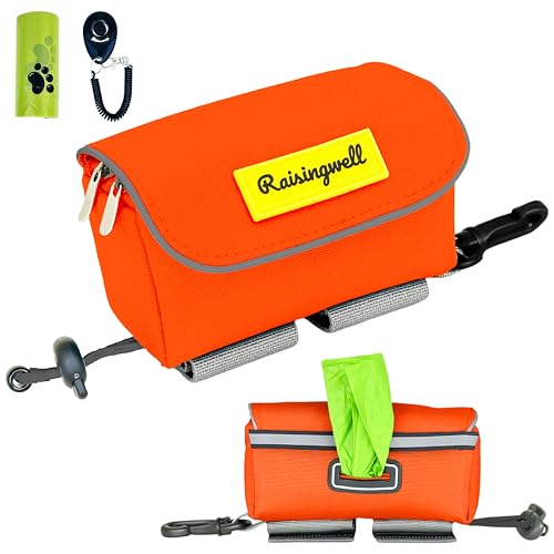 Dog Poop Bag Holder for Leash, 2 Waterproof Zipper Pouches, Dog Treat Pouch for Pet Walking Accessories, with Dispenser, Training Clicker and 1 Free Roll (Orange) - color: Orange