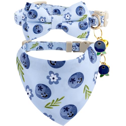 Faygarsle 2 Pack Blueberry Pattern Cat Collar Set with Bandana and Bow Tie, Light Blue, Breakaway Style with Bell - color: Blueberry