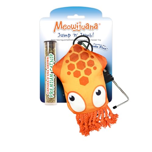 Meowijuana Jump 'n' Jamb Door Hanging Cat Toy | Deep Sea Squid | Refillable Interactive Catnip Toy | Promotes Play and Cat Health | Includes Potent Catnip Grown in North America - color: Deep Sea Squid