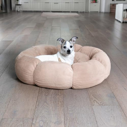 Sherry Kline Pets “Daisy Round” Donut Shape Calming Bed for Dogs and Cats, from Soft Faux Fur, Available in 4 Sizes, Machine Washable - color: Taupe, size: Extra Large