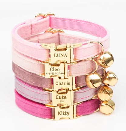 Personalized Soft Velvet Engraved Cat Collar, Custom Name & Phone on Metal Buckle with Bell, Optional Bowtie/Leash/Airtag Holder for Kittens Cats (Light Gold Buckle)