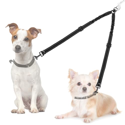 AUTOWT Double Dog Leash, No Tangle 360°Swivel Rotation Reflective Lead Attachment Adjustable Length Dual Two Dogs Lead Splitter, Comfortable Shock Absorbing Walking Training for 2 Dogs - color: Black-Adjustable, size: Small（7-20lbs)