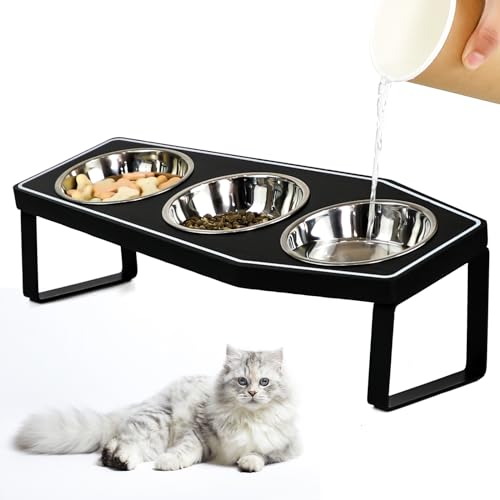 Gothic Cat Food Bowls Elevated, Raised Cat Bowls for Indoor, Non-Slip Stand & Wood Board, Stainless Steel and Whisker Friendly Food Bowls (Cat Bowl*3) - size: Cat Bowls x3