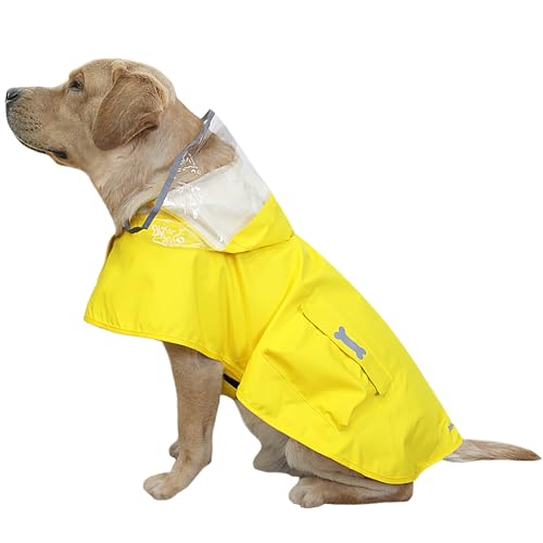 Dog Raincoat Waterproof, Adjustable Reflective Hooded Dog Rain Poncho with Leash Hole for Small Medium Large Dogs (Yellow, Large) - color: Yellow, size: Large(22-37lb)
