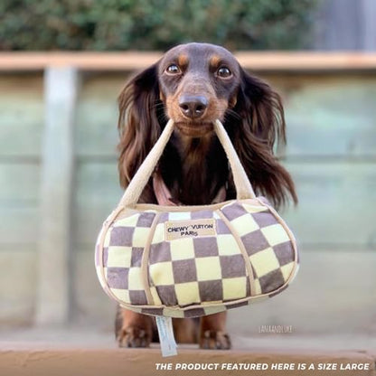 Haute Diggity Dog Chewy Vuiton Handbag Plush Squeaky Dog Toy, Soft Durable Designer-Inspired Stuffed Puppy Chew Toys for Small & Medium Dogs, Machine-Washable (Tan Checker) Large - color: Brown Handbag, size: Large