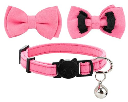 Cat Collar with Bow Tie Bell Breakaway Kitten Small Pet Safety Solid Wedding Basic Pure Color Suede Soft Adjustable [1pc] Rose Red - color: [1pc] Rose Red