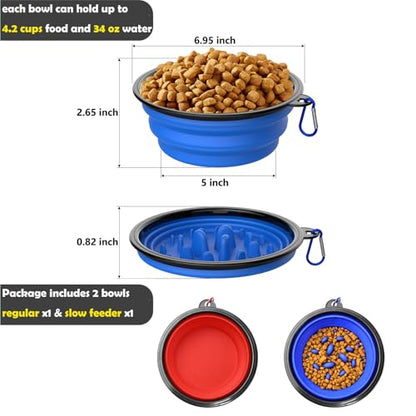 2 Pack [Slow Feeder Design + Regular], Collapsible Dog Bowl Travel Portable Pet Bowls, [34oz,1000ml] Foldable Food Water Feeding Dishes for Traveling Hiking Walking with Carabiners [Blue,Red] - color: Blue+Red