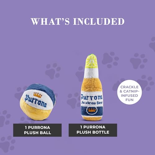 Haute Diggity Kitty Purrrona Beer Bottle & Ball Set, Plush Cat Toys Catnip Filled with Interactive Crackle Sound, Safe & Durable Toys for Cat & Kitten, 2 Pcs - style: Purrona Bottle + Ball