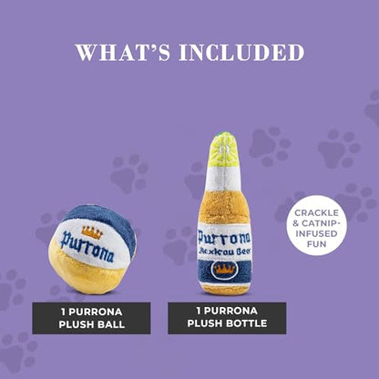 Haute Diggity Kitty Purrrona Beer Bottle & Ball Set, Plush Cat Toys Catnip Filled with Interactive Crackle Sound, Safe & Durable Toys for Cat & Kitten, 2 Pcs - style: Purrona Bottle + Ball