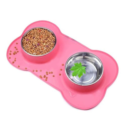 Antislip Double Dog Bowl with Silicone Mat Durable Stainless Steel Water Food Feeder Pet Feeding Drinking Bowls(Pink,M 46x26CM)