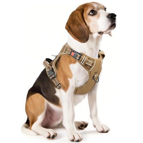 Dog Harness Medium Sized, No Pull Pet Harness with Neck Lockable Snap,No Choke Front Clip Dog Reflective Vest,Adjustable Metal Rings 3 Buckles,Easy Control Handle for Medium Dogs Khaki M - color: Lock Khaki, size: Medium (Pack of 1)