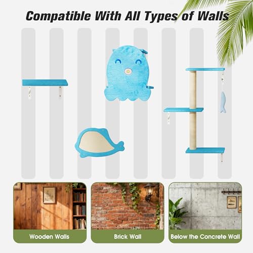 5 Pcs Wall-Mounted Climber Set, Wood Indoor with Shelves and Perches, Ladder, Condo House, Scratching Board and Tree, Wall Shelves Furniture for Cats (Ocean Blue) - color: Ocean Blue
