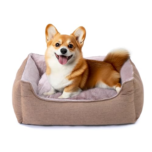 Rectangle Dog Bed for Medium Size Dog with Removable Washable Cover Pet Bed with Bolster Sides Non-Slip Bottom Pet Sofa Waterproof Lining Durable Pet Cuddler, Light Brown, 25x 20x 6.7 in - color: Light Brown, size: 24"L x 20"W x 6.7"Th
