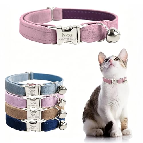 Personalized Cat Collar with Name Plate,Adjustable Tough Nylon Cat ID Collars with Bell,Customize Engraved Pet Name and Phone Number (Velvet Style B)