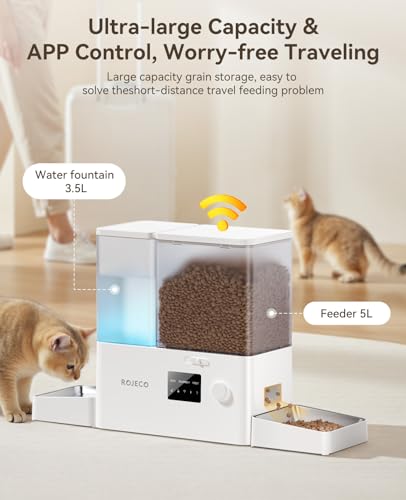 Rojeco 36Cups/8.5L WiFi Automatic Cat Feeder and Gravity Water Dispenser,Stainless Steel Bowls 2-in-1 Large Capacity 5L Food Dispenser with APP and 3.5L Water Fountain for Pets,Dogs,Puppies,Kittens - color: White, size: 8.5L-WiFi