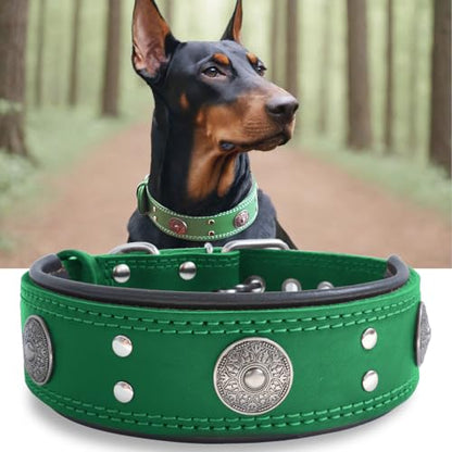 Leather Dog Collar, 2 inches Wide Heavy Duty Genuine Leather Collars, Handmade, Soft, and Luxury, Eye-catching Best Choice for Large and Medium Breed Dogs, Green 21-25 in - color: Green, size: 21-25 in
