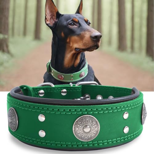 Leather Dog Collar, 2 inches Wide Heavy Duty Genuine Leather Collars, Handmade, Soft, and Luxury, Eye-catching Best Choice for Large and Medium Breed Dogs, Green 21-25 in - color: Green, size: 21-25 in
