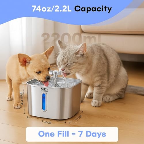 Stainless Steel Cat Water Fountain – 2.2L/74oz Ultra-Quiet Pump, Visible Water Level, Dual Flow Modes – Automatic Pet Water Dispenser for Cats & Small Dogs - color: Silver