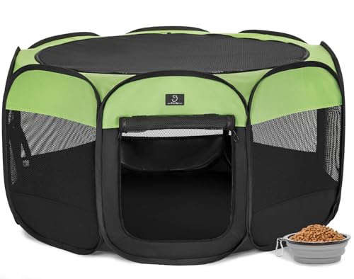 Dog Playpen for Small Dogs & Puppies, 40.55" Portable Indoor Outdoor Puppy Playpen with Bowl, Waterproof Floor, Foldable Pop-Up Pet Pen for Home, Travel & Daily Use, Green+Black - color: Green+Black, size: M(40.55"x40.55"x20.5")