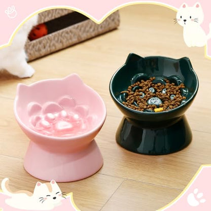 Funnymoom 2 Pcs Ceramic Raised Slow Feeder Cat Bowl, 5.91inch Elevated Cat Slow Feeder Bowl Tilted Anti Vomiting for Dry Wet Food and Water Easy to Clean High Edge(Dark Green, Pink) - color: Dark Green, Pink