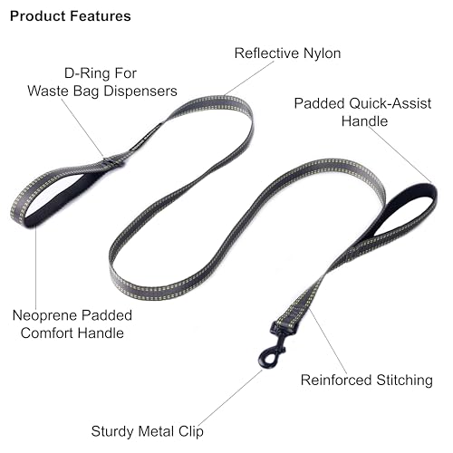 Eddie Bauer E24602 Flat Reflective Dog Leash with Padded Assist Handle 6-Feet Long, Grey