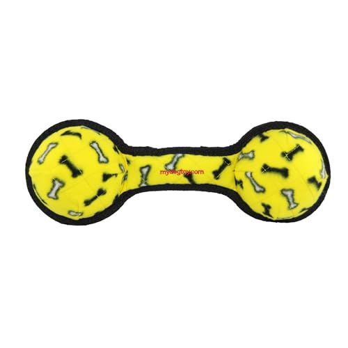 TUFFY- World's Tuffest Soft Dog Toy- Tug O War -Squeakers - Multiple Layers. Made Durable, Strong & Tough.(Tug,Toss & Fetch).Machine Washable & Floats (2Ball Tug Yellow Bone, Large) - color: 2Ball Tug Yellow Bone, size: Large