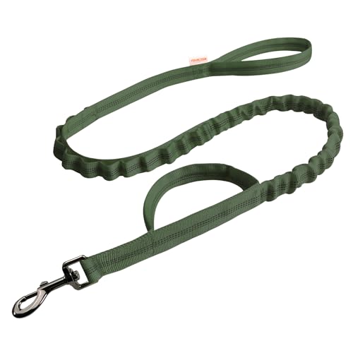 FOVRLZSE Reflective Bungee Dog Leash for Small Medium Large Dogs - 4FT to 5FT Adjustable Shock Absorbing Leash with Double Padded Handle & 360 No Tangle Metal Clasp (Olive Green) - color: Olive Green