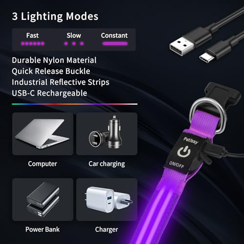 Dog Light up Collar for Night Walking - High Visibility LED Dog Collar - Rechargeable - Waterproof - Reflective - Adjustable Lighted Glow Collars(Purple,Medium) - color: Purple, size: Medium (14" - 19" )