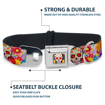 Dog Collar Seatbelt Buckle Sugar Skull Starburst White Multi Color 9 to 15 Inches 1.0 Inch Wide - size: 1" Wide - Fits 9.5-13" Neck - Small